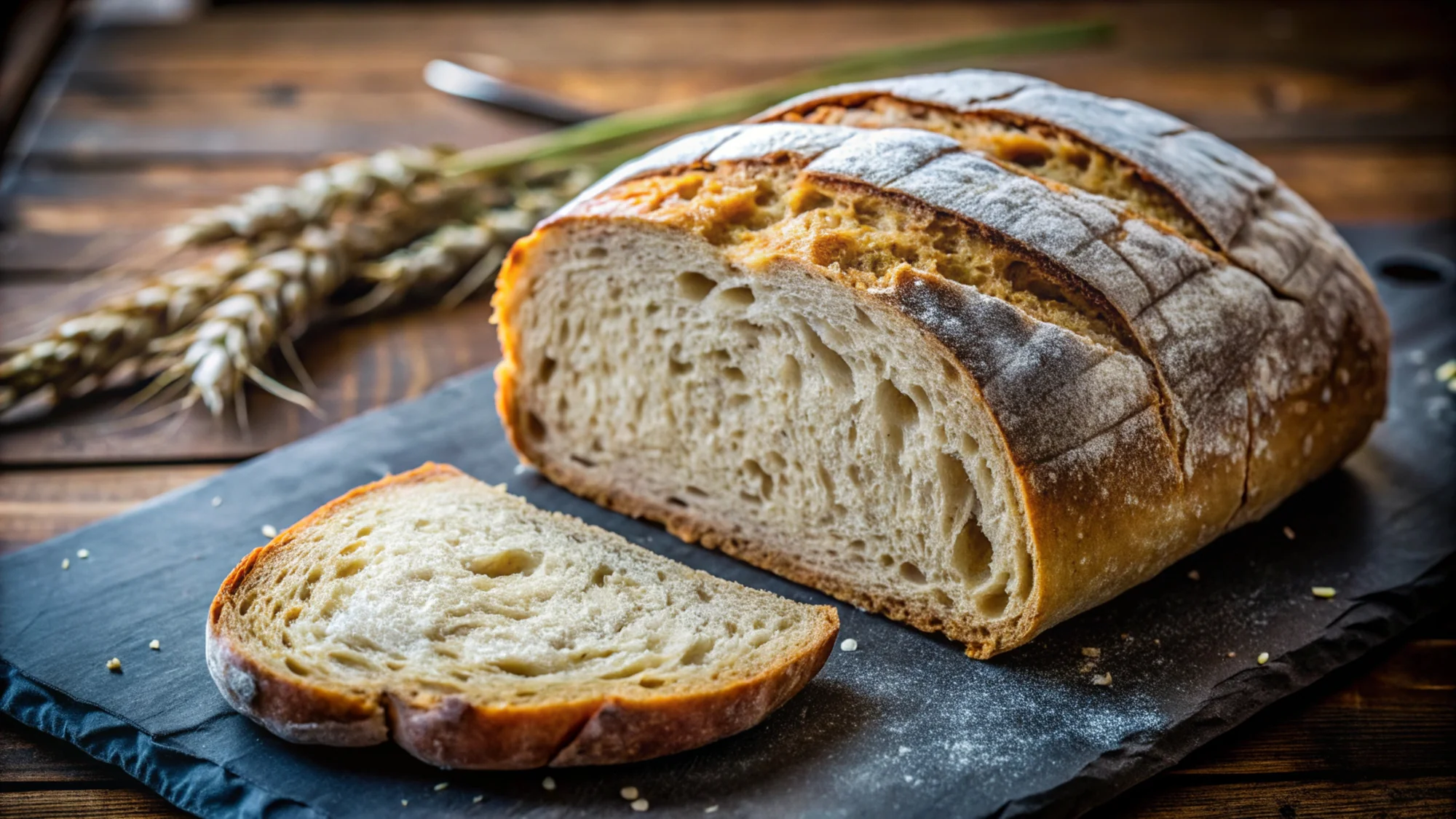 Pâine pe vatră cu felie tăiată, pe masă rustică de lemn, lângă spice de grâu